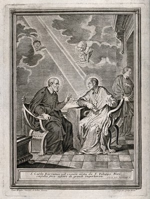 view Saint Charles Borromeo receiving a visit from Saint Philip Neri. Engraving by D. Cagnoni after D.M. Fratta.