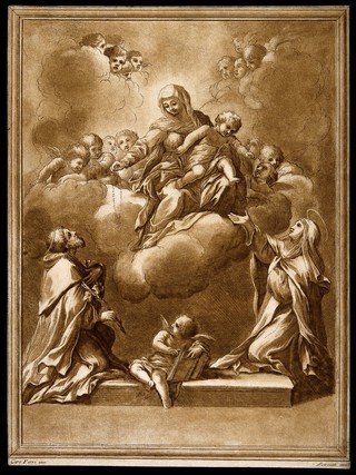 Saint Mary (the Blessed Virgin) with the Christ Child and Saint Dominic Guzman with Saint Catherine of Siena. Colour etching by A. Scacciati after C. Ferri.