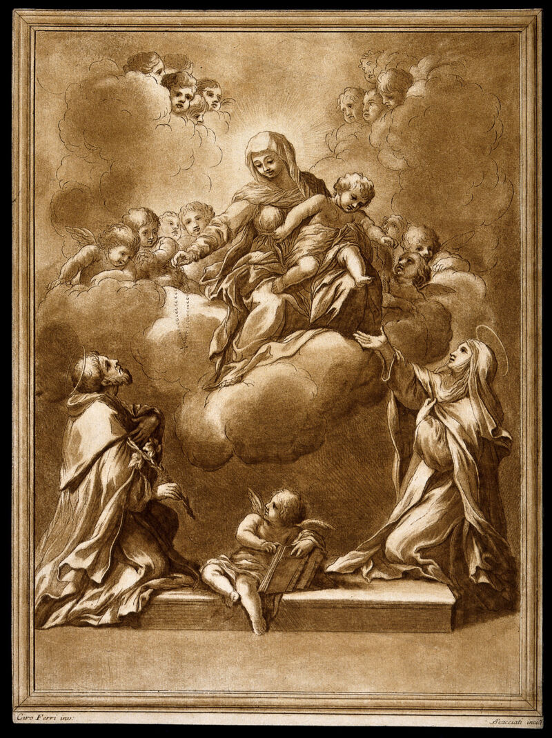 Saint Mary (the Blessed Virgin) with the Christ Child and Saint Dominic Guzman with Saint Catherine of Siena. Colour etching by A. Scacciati after C. Ferri., 1766, by Ciro Ferri