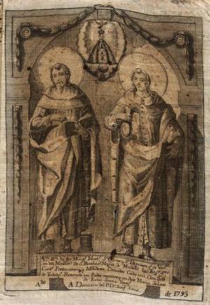 view Saint Cosmas and Saint Damian. Engraving on silk, 1793.