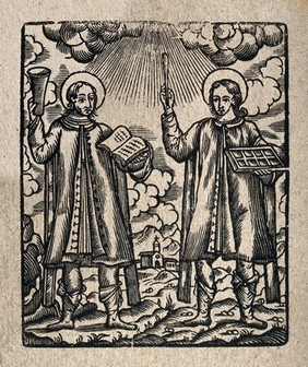 Saint Cosmas and Saint Damian. Woodcut.