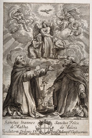 view The Holy Trinity and an angel with captives, receiving intercessions from Saint John of Matha and Saint Felix of Valois representing the Trinitarian Order. Engraving by Castellus (G. Chasteau?).