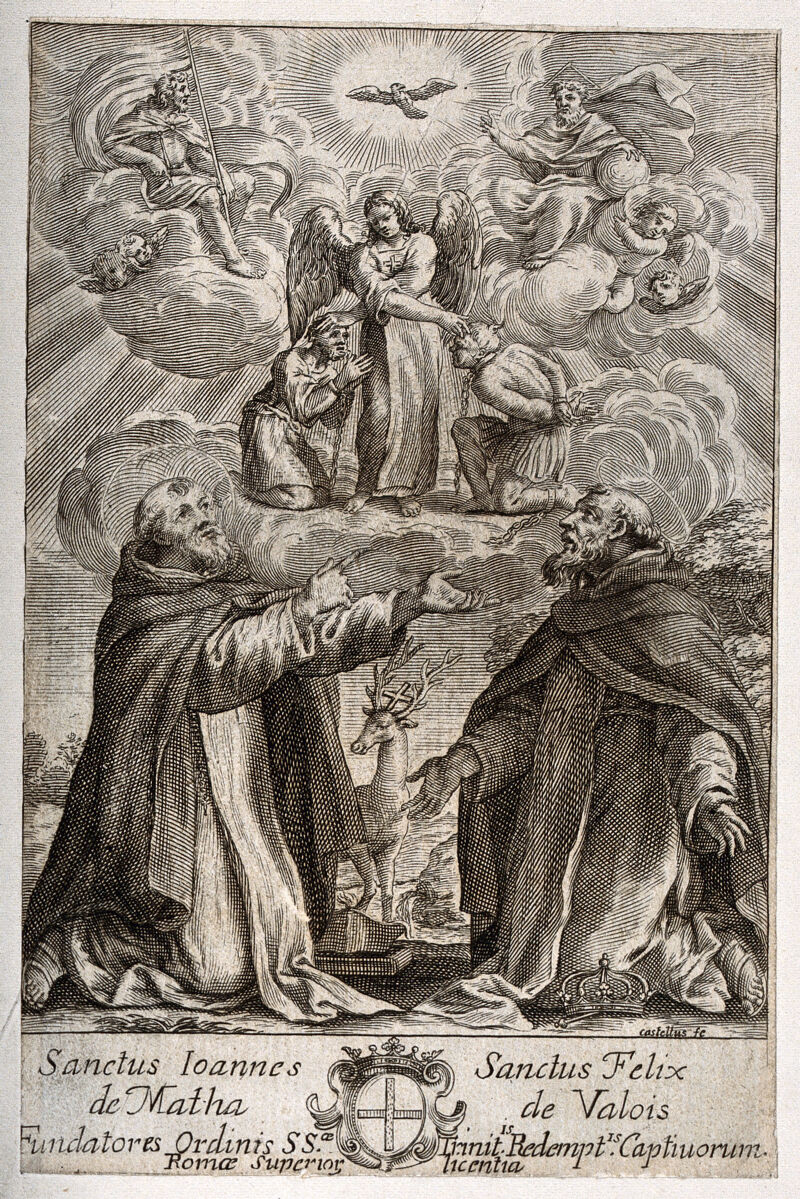 The Holy Trinity and an angel with captives, receiving intercessions from Saint John of Matha and Saint Felix of Valois representing the Trinitarian Order. Engraving by Castellus (G. Chasteau?)., 1600-1699, by Guillaume Chasteau
