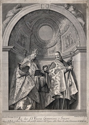 view Saint Geminianus and Saint Severus. Etching by A. Zucchi after S. Manaigo after P. Veronese.