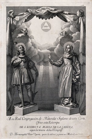 view Saint Isidro Labrador and Saint Maria de La Cabeza. Engraving by H.V. Ugarte, 1768.