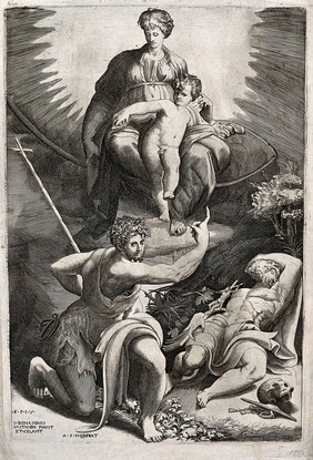 Saint Mary (the Blessed Virgin) with the Christ Child and Saint John the Baptist with Saint Jerome. Engraving by G. Bonasone after G.F.M. Mazzola, il Parmigianino.
