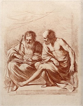 Saint Paul and Saint Peter. Colour crayon manner print by F. Bartolozzi after G.F. Barbieri, il Guercino.