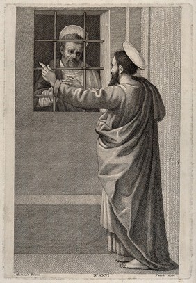 Saint Peter in prison visited by Saint Paul. Etching by T. Patch, 1770, after Filippino Lippi.
