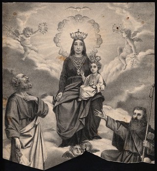 Saint Mary (the Blessed Virgin) with the Christ Child and Saint Peter with Saint James the Great. Lithograph.