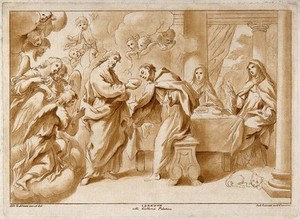 view Christ gives Saint Peter of Alcántara a bowl of food, and reaches for a bottle of water for him, seen in a vision by Saint Teresa of Avila. Colour etching by A. Scacciati, 1758, after A.D. Gabbiani.