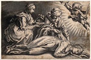 view Saint Praxedes (Praxedis) and Saint Pudentiana mopping up the blood of a female martyr. Engraving.