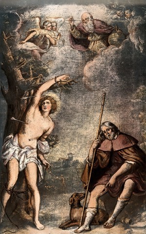 view God the Father and Saint Sebastian with Saint Roch. Reproduction of a painting.