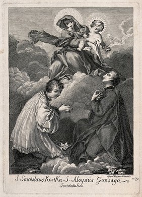 Saint Mary (the Blessed Virgin) with the Christ Child and Saint Stanislaus Kostka with Saint Aloysius Gonzaga. Etching.