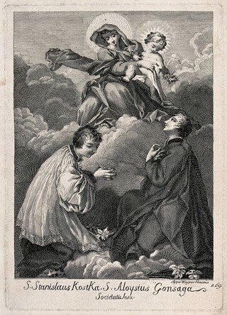 Saint Mary (the Blessed Virgin) with the Christ Child and Saint Stanislaus Kostka with Saint Aloysius Gonzaga. Etching.