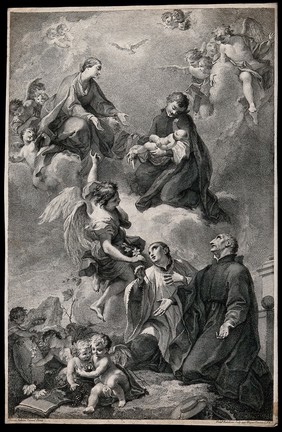 Saint Mary (the Blessed Virgin) with Saint Antony of Padua holding the Christ Child and Saint Philip Neri with Saint Charles Borromeo. Engraving by F. Bartolozzi after A. Balestra.