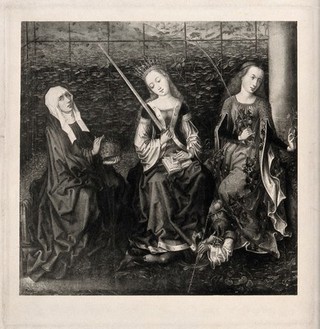Saint Elizabeth of Hungary, Saint Catherine of Alexandria and Saint Dorothea (?). Photogravure after a painting.
