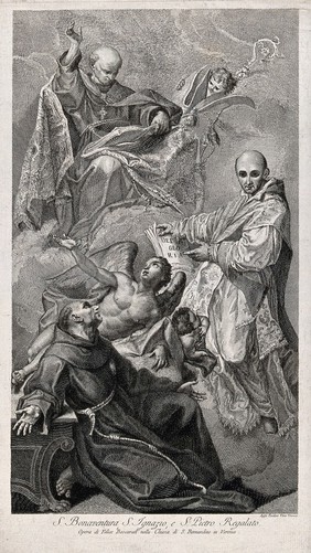 Saint Bonaventure, Saint Ignatius of Loyola and San Pedro Regalado. Etching by T. Viero after F. Boscarati.