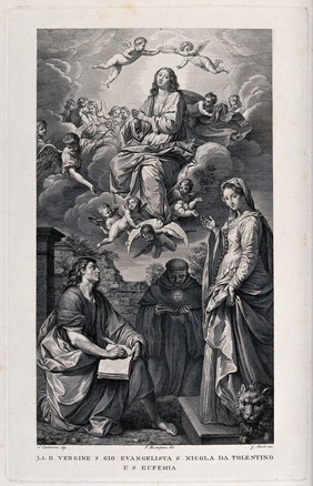 Saint Mary (the Blessed Virgin) and Saint John the Evangelist, Saint Nicholas of Tolentino with Saint Euphemia. Engraving by G. Asioli after F. Rosaspina after S. Cantarini.