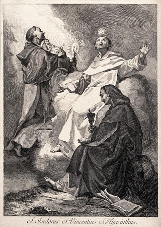 Saint Hyacinth, Saint Vincent Ferrer and Saint Luis Beltrán. Etching by F. Bartolozzi after G.B. Piazzetta.