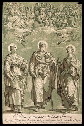 An unidentified female saint, Saint Paul the Apostle, Saint Mary Magdalen. Colour etching with woodcut by P.P.A. Robert and N. le Sueur after B. Ramenghi, il Bagnacavallo.