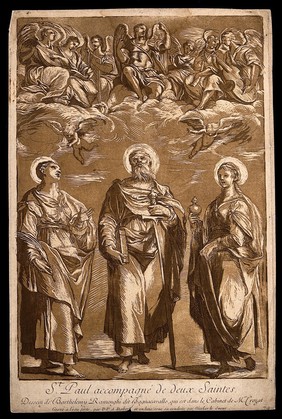 An unidentified female saint, Saint Paul the Apostle, Saint Mary Magdalen. Colour etching with woodcut by P.P.A. Robert and N. le Sueur after B. Ramenghi, il Bagnacavallo.