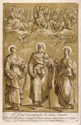 An unidentified female saint, Saint Paul the Apostle, Saint Mary Magdalen and angels above. Colour etching with woodcut by P.P.A. Robert and N. Le Sueur after B. Ramenghi, il Bagnacavallo.