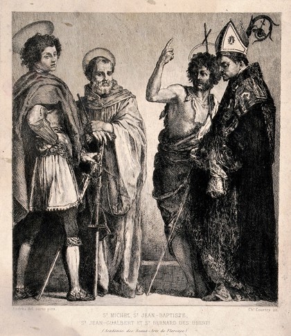 Saint Michael the Archangel, Saint Bernardo degli Uberti, Saint John the Baptist and Saint Giovanni Gualberto. Etching by C.J.L. Courtry after A. del Sarto.