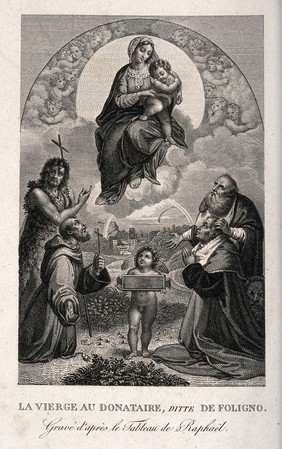 Saint Mary (the Blessed Virgin) with the Christ Child and Saint Francis of Assisi, Saint John the Baptist and Saint Jerome with Sigismondo de' Conti as a donor. Engraving after Raphael.