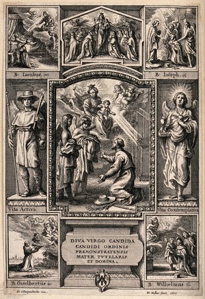 view Saint Mary (the Blessed Virgin) with the Christ Child, a male donor and seven surrounding niches enclosing other figures. Engraving by W. Hollar, 1650, after A. van Diepenbeeck.