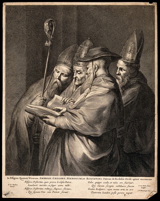 Saint Ambrose, Saint Gregory the Great, Saint Jerome and Saint Augustine of Hippo. Engraving by C. van Dalen after Sir P.P. Rubens.