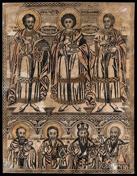 Saint Damian, Saint Pantaleon and Saint Cosmas with four other saints below. Woodcut.