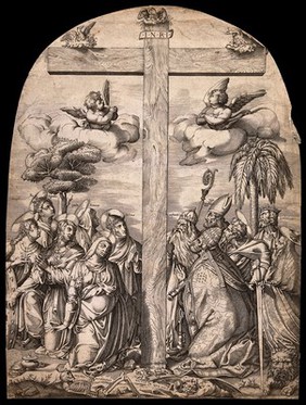 The Holy Cross, with Saint Catherine of Siena, Saint Mary Magdalen, Saint Catherine of Alexandria, Saint Radegund, Saint Paula, Saint Helen, Constantine the Great and other saints in adoration. Engraving by N. Beatrizet, 1557.
