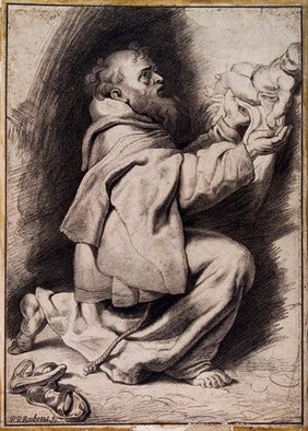 Saint Francis of Assisi holding the Christ Child. Crayon-manner print by C. Josi after Sir P.P. Rubens.