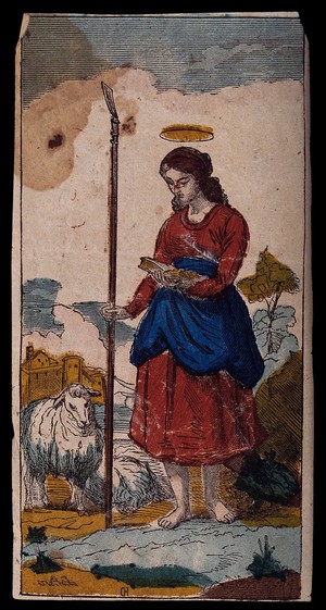 view Saint Genevieve. Coloured wood engraving by C.R. (?).