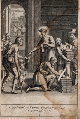 Saint Philip Neri and other figures. Engraving by L. Ciamberlano (?).