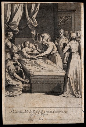 Saint Philip Neri and other figures. Engraving by L. Ciamberlano (?).