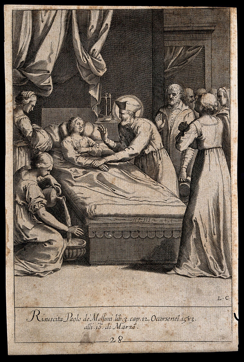 Saint Philip Neri and other figures. Engraving by L. Ciamberlano (?)., by Luca Ciamberlano