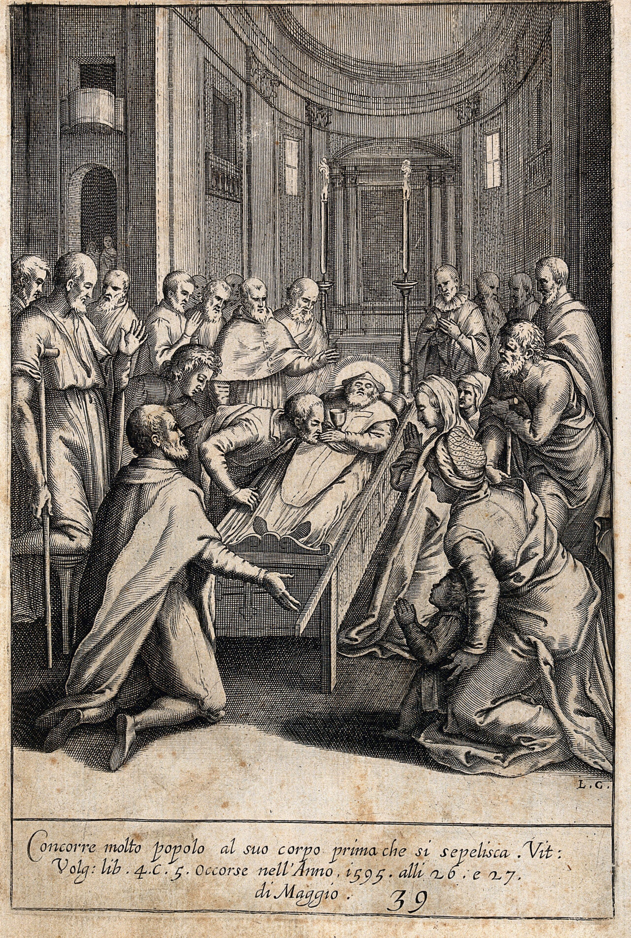 Saint Philip Neri with other figures. Engraving by L. Ciamberlano., by Luca Ciamberlano
