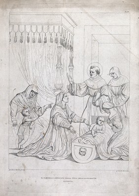 Saint Antony of Padua reviving an infant from cot death (?). Etching by G. Canuti after Girolamo da Treviso.