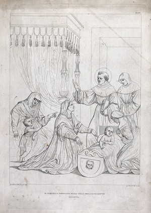 view Saint Antony of Padua reviving an infant from cot death (?). Etching by G. Canuti after Girolamo da Treviso.