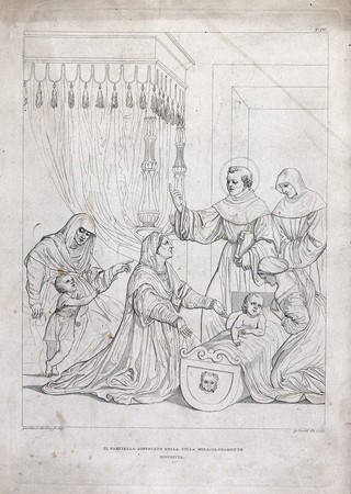 Saint Antony of Padua reviving an infant from cot death (?). Etching by G. Canuti after Girolamo da Treviso.