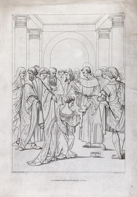 Saint Antony of Padua bringing a baby back from the dead [?]. Etching by G. Canuti after Girolamo da Treviso.