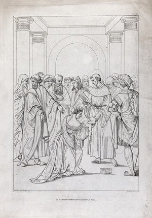 view Saint Antony of Padua bringing a baby back from the dead [?]. Etching by G. Canuti after Girolamo da Treviso.