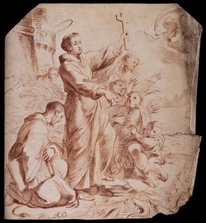 view Saint Antony of Padua and followers, preaching to the fishes. Colour crayon-manner engraving by W.W. Ryland, 1764, after A. Sacchi.