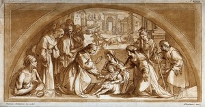 view Saint Bernardino of Siena bringing a sick infant back from the dead. Colour etching by S. Mulinari after V. Salimbeni.