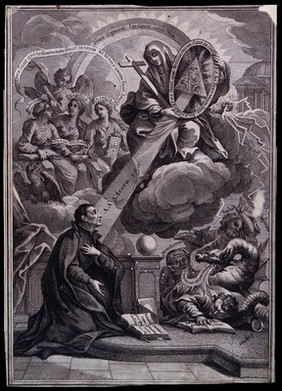 A saint appeals to Saint Mary (the Blessed Virgin) for help in asserting the Trinity and resisting the monster of heresy. Engraving.