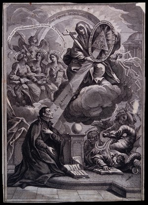 view A saint appeals to Saint Mary (the Blessed Virgin) for help in asserting the Trinity and resisting the monster of heresy. Engraving.