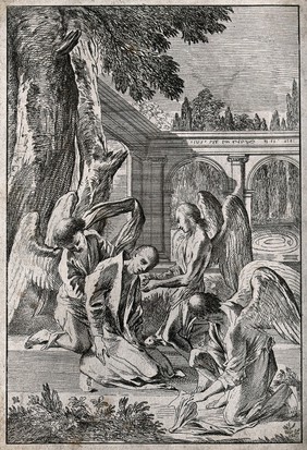 Three angels administering to an old man. Etching.