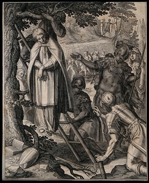 view The hanging of Saint Maximus of Salzburg; Roman soldiers and other figures in the foreground, an army in the background. Engraving by R. Sadeler after J.M. Kager.