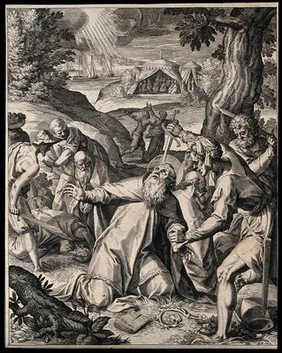 Martyrdom of Saint Boniface and massacre of other people behind. Engraving by R. Sadeler after J.M. Kager.